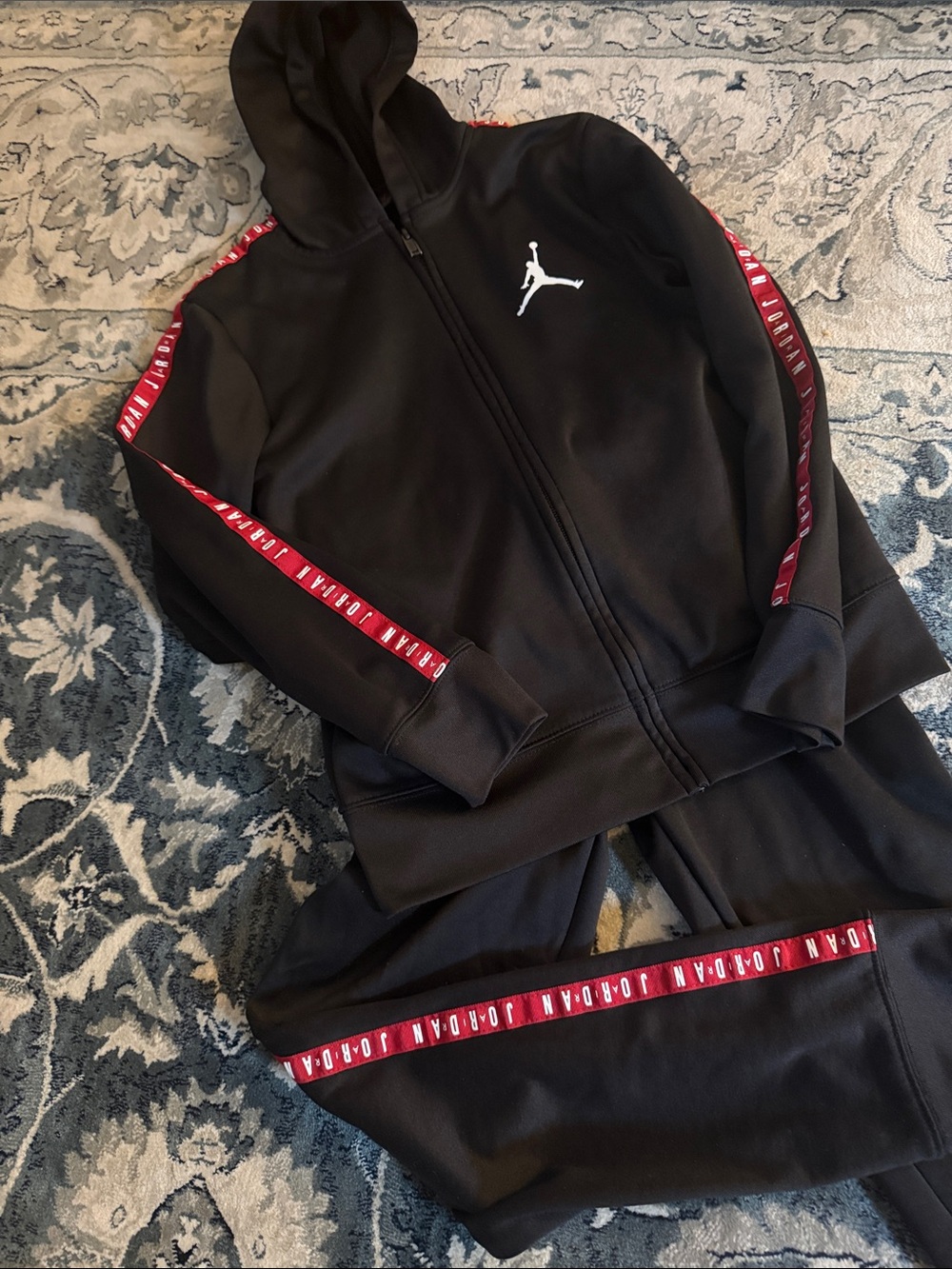 Jordan Black Hoodie & Joggers Set with Red Tape kids medium 10-12